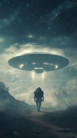 Lone explorer greeting a silent starship above the mist.