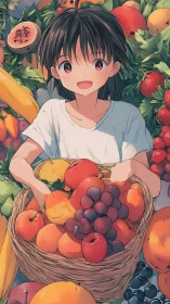Youthful anime picker amid high-saturation fruit array.