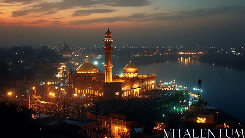 Mosque with golden domes overlooks crowded riverside at dusk