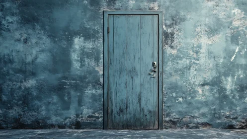 Weathered teal wooden door set in distressed concrete wall.
