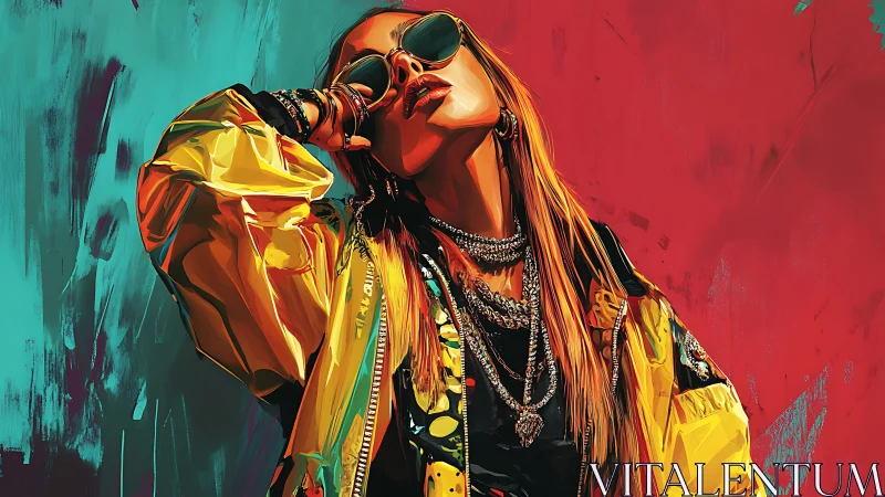 Stylized portrait of woman in yellow jacket with bold neon bicolor background