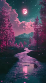 Pink moonlit river curves through neon forest at night