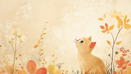 A curious ginger cat gazes upward among golden autumn blooms.