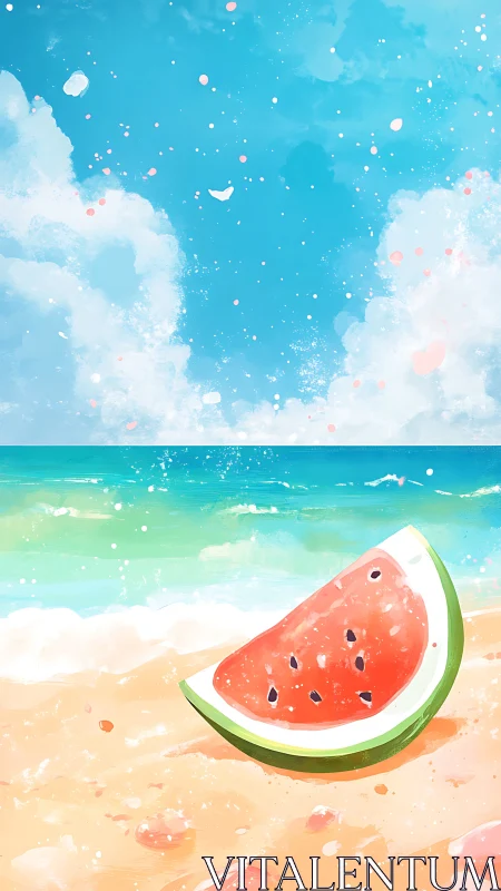 Watermelon slice on sandy beach under blue coastal sky.