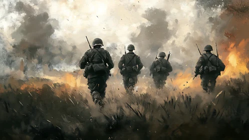 War-torn battlefield with soldiers advancing through fire.
