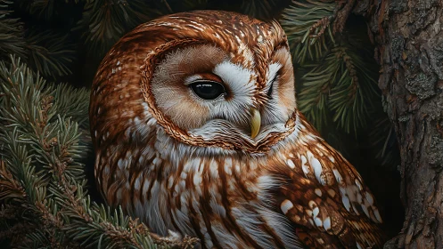 Realistic tawny owl portrait nestled in pine branches, nature art.