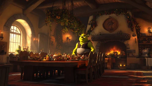 Ogre-hosted feast glows warmly in a rustic medieval hall