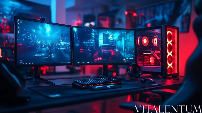 Neon-soaked triple monitor battlestation in cyber glow.