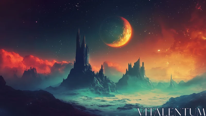 Luminous alien citadels beneath crescent planet sky.