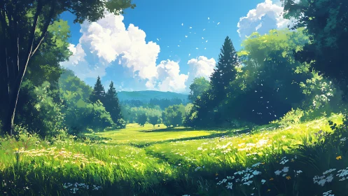 Luminous meadow vista in layered botanical composition digital painting.