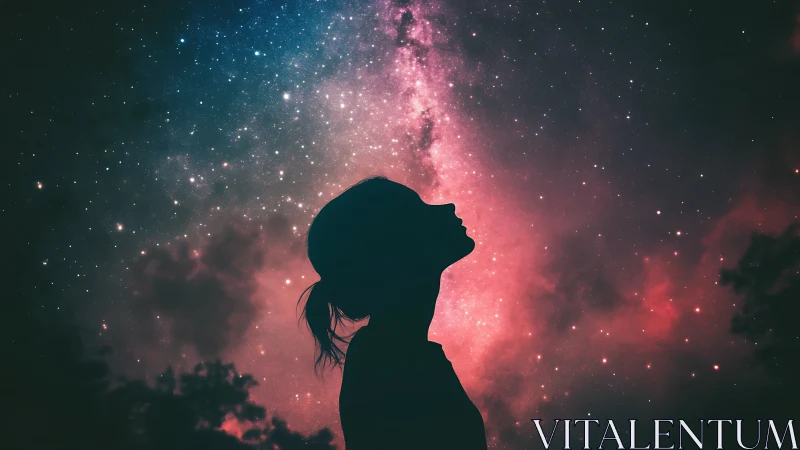 Silhouetted observer aligned with luminous galactic nebula field.