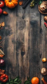 Autumn vegetables arranged around rustic wooden background.
