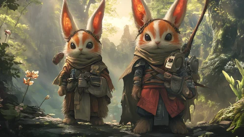 Forest explorer rabbits in tactical cloaks and gear.