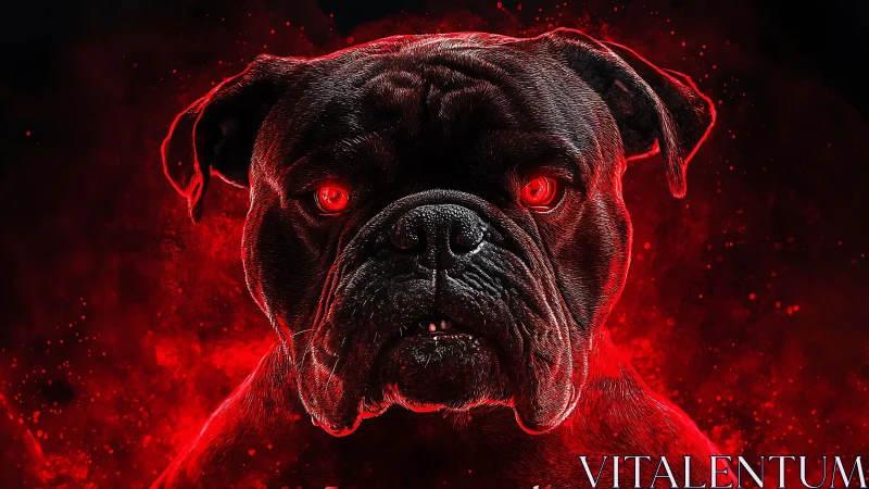 Glowing red-eyed bulldog emerges from fiery digital haze.