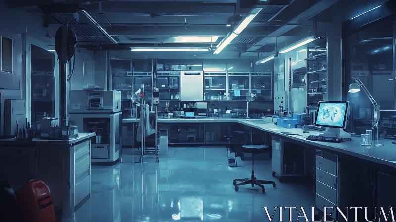 Midnight bio-lab glow where quiet machines dream in blue.