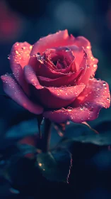 Neon Rose with Phosphorescent Droplets: Cyberpunk Botanical Study.