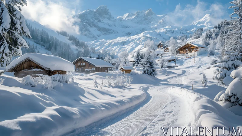 Sunlit alpine village wrapped in fresh winter snowdrifts.
