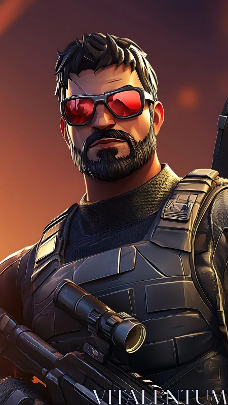 Armored tactical soldier in red visor sunglasses holds rifle