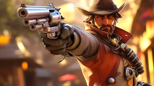 Stylized gunslinger aiming revolver in warm sunset street