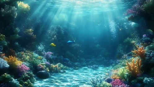 Sunlit coral cathedral where shimmering reef life drifts.