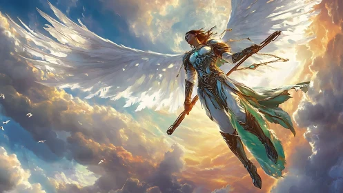 Radiant sky guardian with sweeping wings and shining armor.