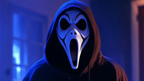 Moonlit scream mask stalks the hallway in chilling neon glow.