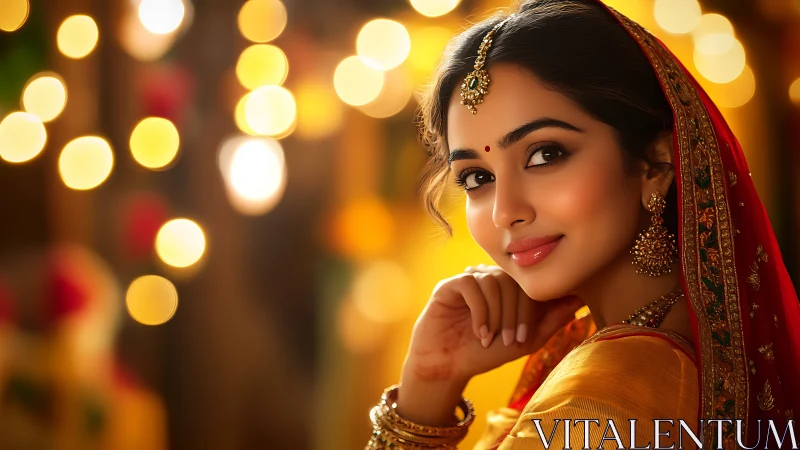 Golden festival glow around a sari-clad, jewel-bright smile.