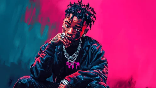 Neon-lit portrait of pensive rapper in bold duotone colors.