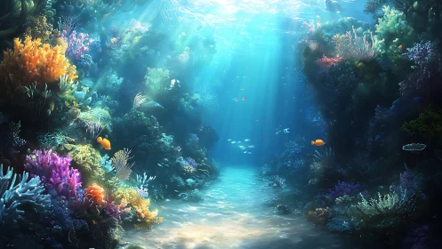 Underwater coral canyon with fish and filtered sunlight.