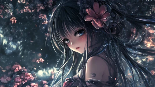 Nocturnal floral portrait with luminescent anime rendering.