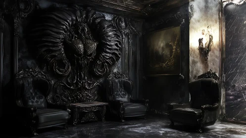 Moody gothic lounge with dark chairs and baroque carvings.