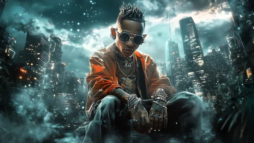 Neon throne kid glows against storm-lit cyber metropolis.