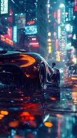 Hypercar rear profile in neon drenched rainy megacity street