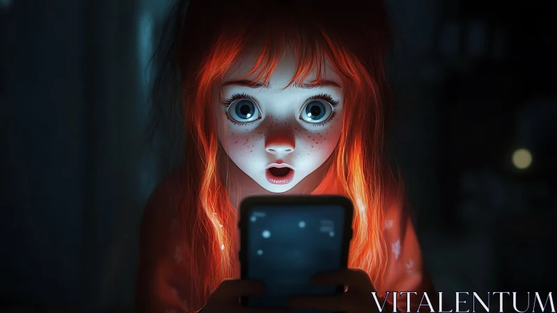 Wide-eyed girl glows in the dark, captivated by her phone