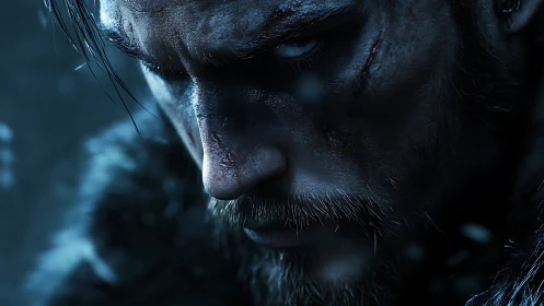 Photorealistic warrior close-up with dramatic low-key lighting.