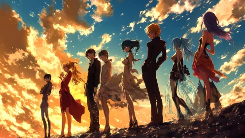 Sunlit anime silhouettes against radiant sunset clouds.