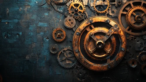Rustic mechanical gear assembly against textured teal wall.