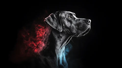 Black dog portrait with red and blue smoke accents.