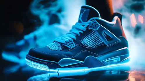Neon-lit sneaker glows against cinematic vapor haze at night