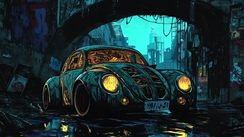 Rustic retro car in dystopian neon urban alleyway scene.
