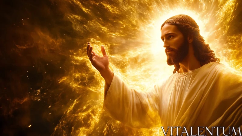 Radiant robed figure reaching through swirling golden light.