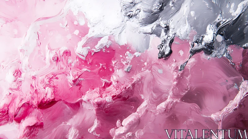 Impasto pink and silver fluid abstraction in oil painting format.