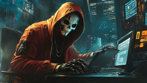 Neon skull hacker prowls midnight networks in silence.