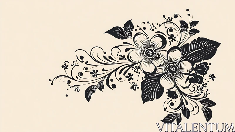 Ink-kissed floral scrollwork curling across quiet parchment.