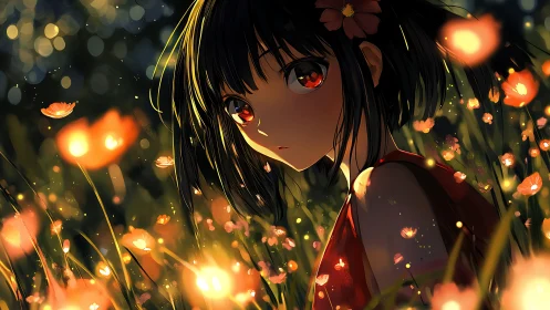 Backlit anime girl in bokeh field with high contrast lighting