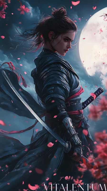 Moonlit blossom ronin poised between stormlight and steel.