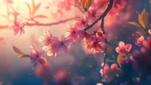 Cherry Blossoms Glowing in Golden Sunset Light.