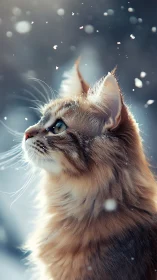 Feline with Upward Gaze Amid Bokeh Light Particles