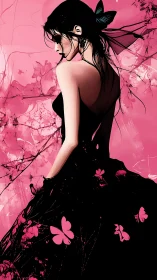 Graceful woman in a butterfly dress glows against vivid pink