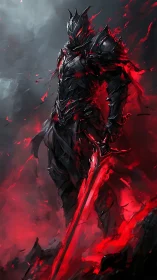 Ember-clad dark knight standing within a storm of crimson fire.
